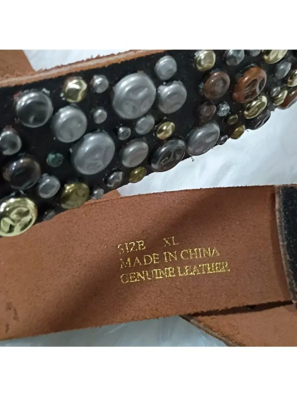 Brown Leather Belt With Metal Studs & Peace Symbols XL 47 Inches